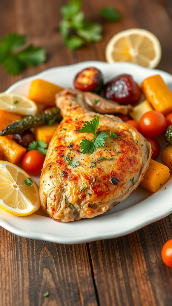 Crispy lemon herb chicken served with roasted vegetables and a lemon wedge on a rustic table.